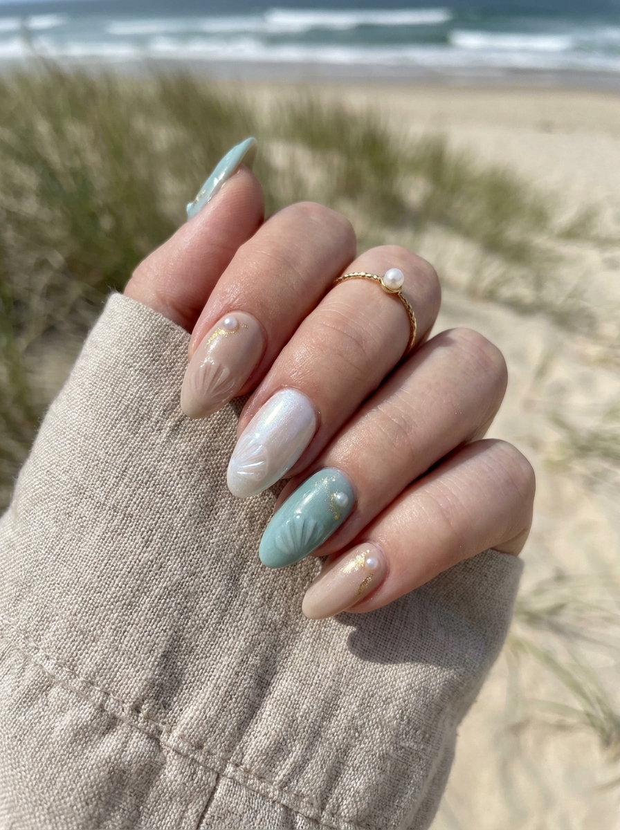 Sand & Sea Mermaid Nails mit Beige, Türkis und Schimmer
